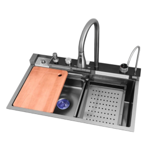 Chiuveta Inteligenta de Bucatarie cu Functii Multiple, robinet multifunctional, 2 tipuri de cascada, 2 tavite inox, tocator, rezervor detergent, spalator special pentru pahare, butoane tip piano, afisaj digital, negru antracit