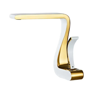 Baterie lavoar, Adsinio, Corp cupru, Monocomanda, Forma curbata, Cartus ceramic, Racorduri incluse, Alb-Auriu