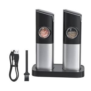 Set 2 rasnite electrice pentru sare si piper, Adsinio, Inox, Acumulator cu Litiu, Senzor gravitational, Reincarcabile, Cablu USB, lumina LED, Perie curatare, Statie de incarcare, Gri/Negru