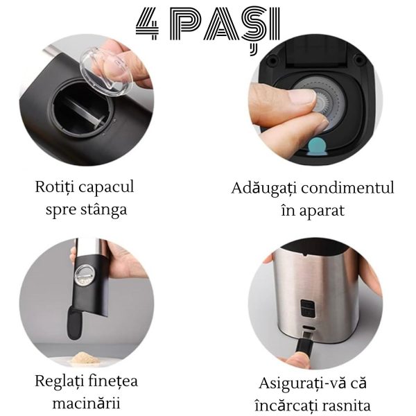 Set 2 rasnite electrice pentru sare si piper, Adsinio, Inox, Acumulator cu Litiu, Senzor gravitational, Reincarcabile, Cablu USB, lumina LED, Perie curatare, Statie de incarcare, Gri/Negru - imagine 4