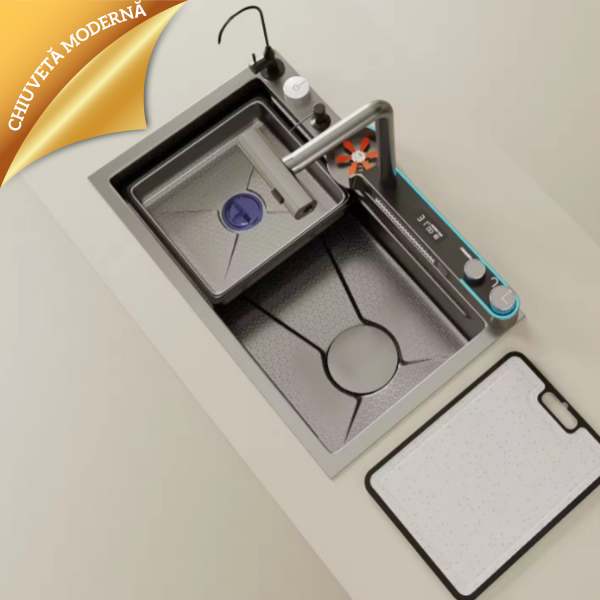 Chiuveta multifunctionala de bucatarie, robinet multifunctional 2 moduri, jet si ploaie, cascada, 2 tavite inox, tocator, rezervor detergent, spalator special pentru pahare, lumina ornamentala, Negru antracit - imagine 2