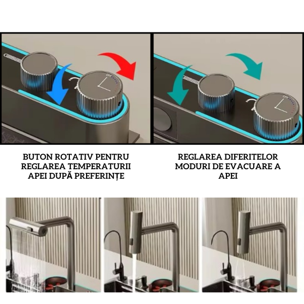 Chiuveta multifunctionala de bucatarie, robinet multifunctional 2 moduri, jet si ploaie, cascada, 2 tavite inox, tocator, rezervor detergent, spalator special pentru pahare, lumina ornamentala, Negru antracit - imagine 10