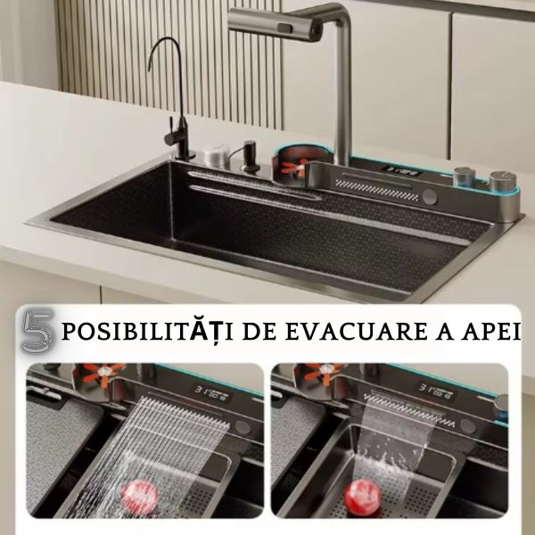 Chiuveta multifunctionala de bucatarie, robinet multifunctional 2 moduri, jet si ploaie, cascada, 2 tavite inox, tocator, rezervor detergent, spalator special pentru pahare, lumina ornamentala, Negru antracit - imagine 7
