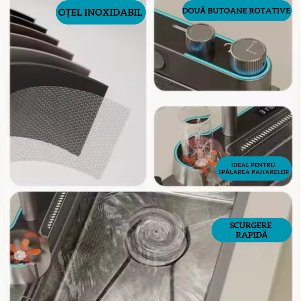 Chiuveta multifunctionala de bucatarie, robinet multifunctional 2 moduri, jet si ploaie, cascada, 2 tavite inox, tocator, rezervor detergent, spalator special pentru pahare, lumina ornamentala, Negru antracit - imagine 9