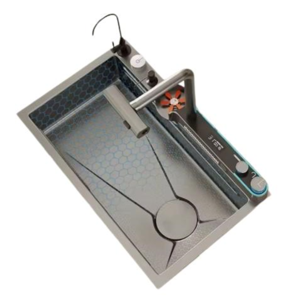 Chiuveta multifunctionala de bucatarie, robinet multifunctional 2 moduri, jet si ploaie, cascada, 2 tavite inox, tocator, rezervor detergent, spalator special pentru pahare, lumina ornamentala, Negru antracit