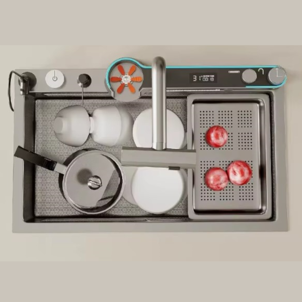 Chiuveta multifunctionala de bucatarie, robinet multifunctional 2 moduri, jet si ploaie, cascada, 2 tavite inox, tocator, rezervor detergent, spalator special pentru pahare, lumina ornamentala, Negru antracit - imagine 4