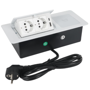 Priza Incorporabila Retractabila, Adsinio, Incarcator Wireless de 15W, 2 Schuko, 1 USB-A, 1 USB-C, Curent Nominal 16A, Cablu de Alimentare 1.5m, Alb
