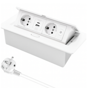 Priza Incorporabila Retractabila, Adsinio, 2 Schuk, 1 USB-A, 1 USB-C, Curent nominal 16A, Aliaj de Aluminiu, Alb
